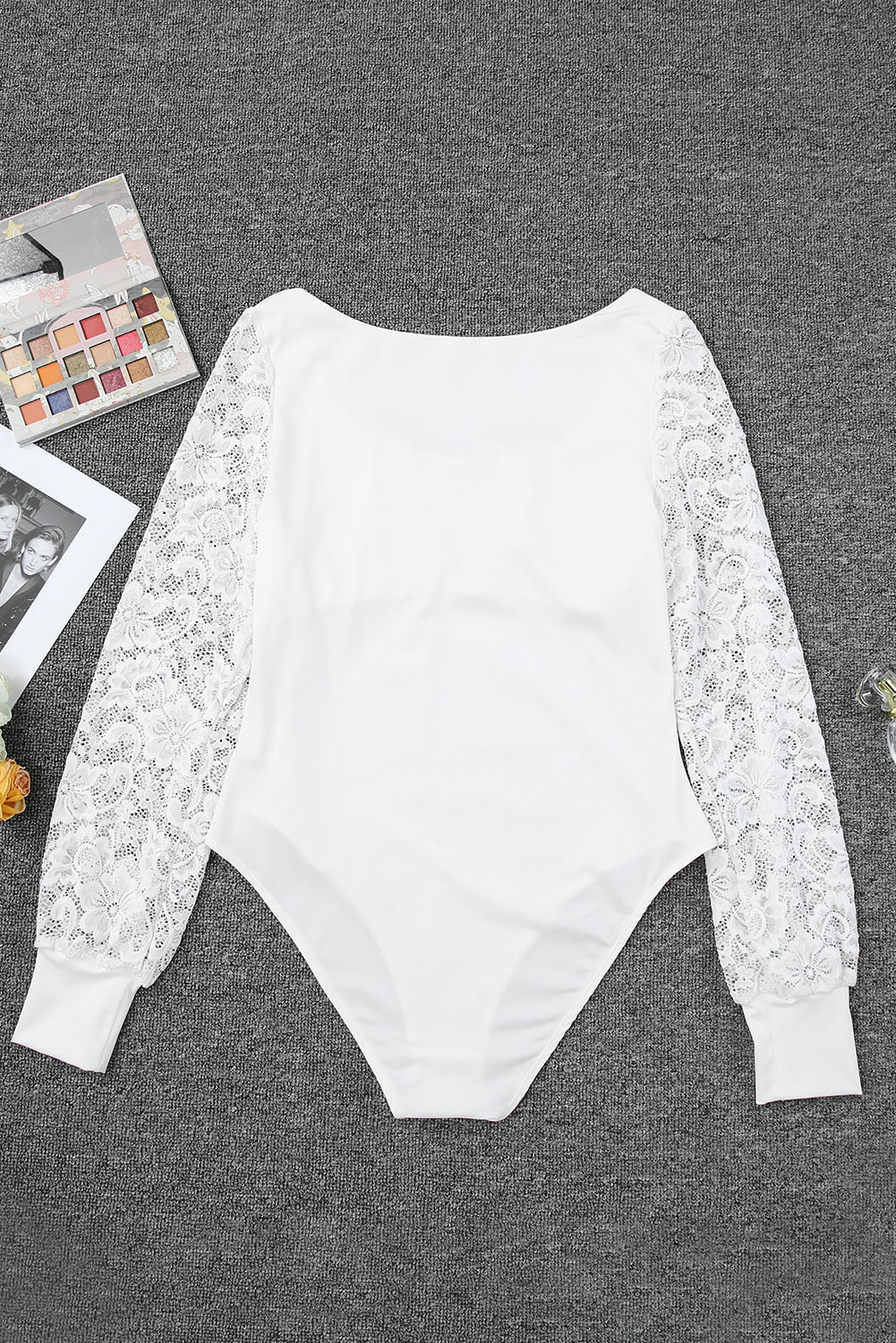 White Lace Sleeves Square Neck Bodysuit - Image 7