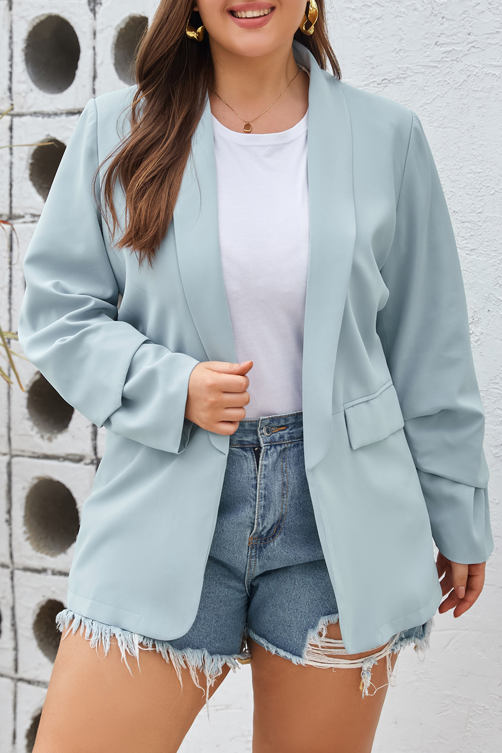 Sky Blue Plus Size Soft Lightweight Pocketed Lapel Blazer - Image 6