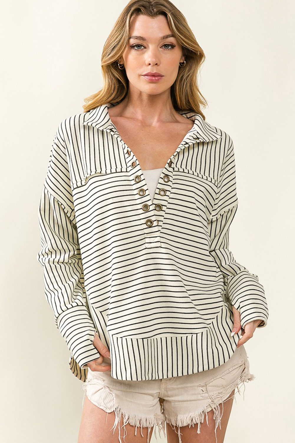 White Striped Thumbhole Drop Shoulder V Neck Top - Image 4