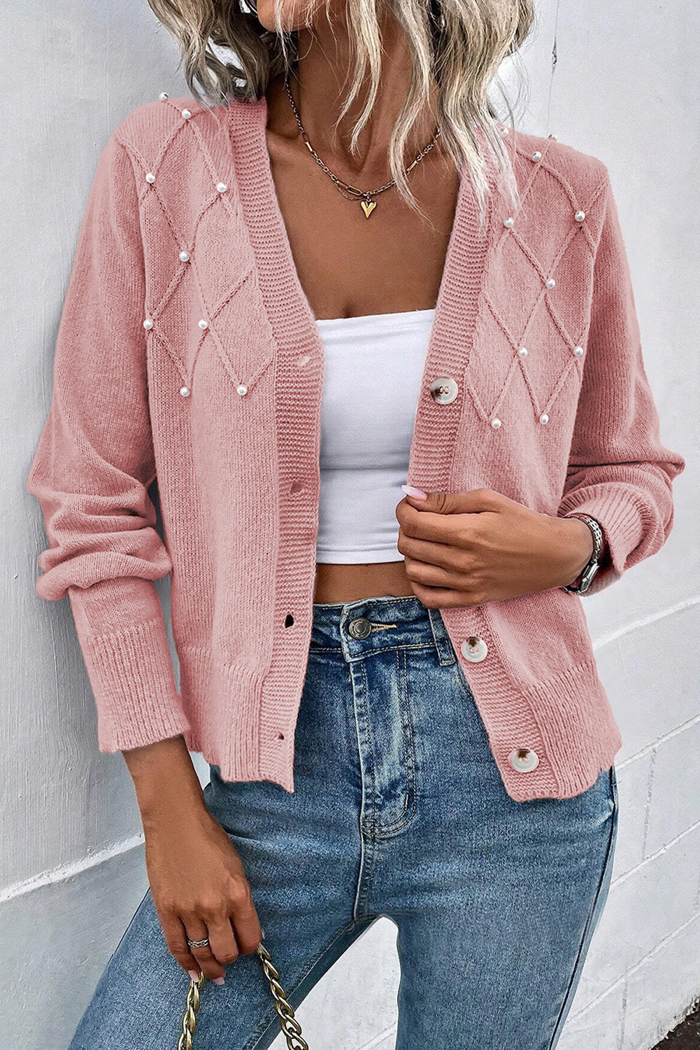 Sepia Rose Textured Knit Pearl Beaded Button Up Cardigan - Image 4