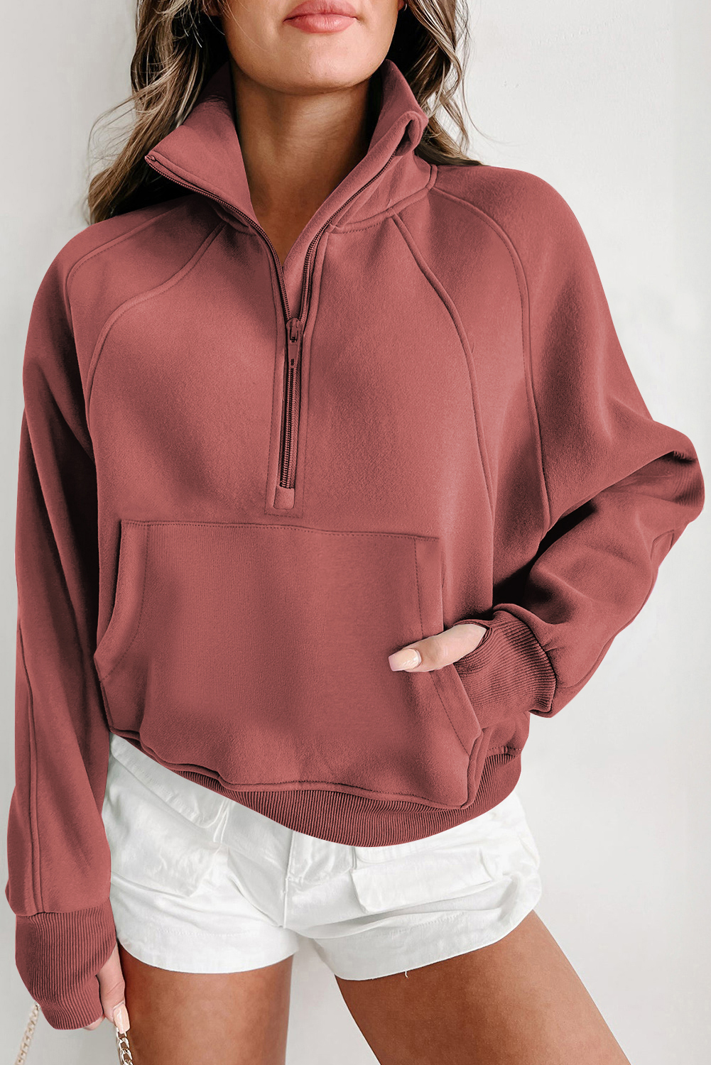 Brown Fleece Lined Zip Up Stand Collar Thumbhole Sleeve Sweatshirt - Image 3
