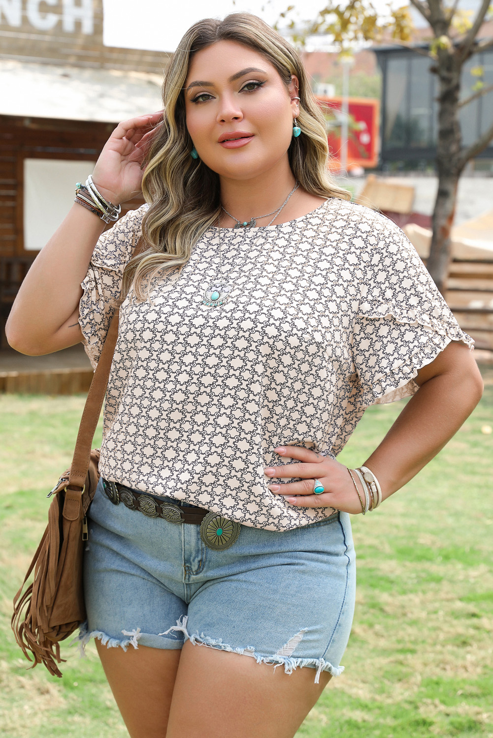 Khaki Plus Size Geometric Print Ruffled Sleeve Blouse - Image 6