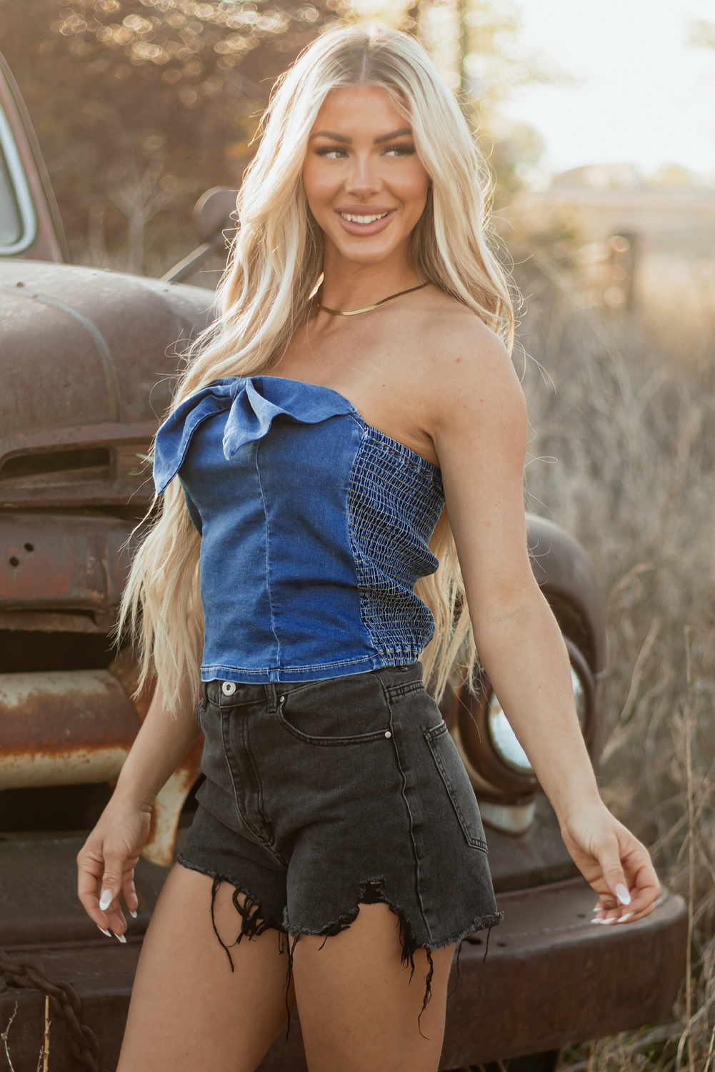 Sail Blue Vintage Bow Front Smocked Back Denim Tube Top - Image 6