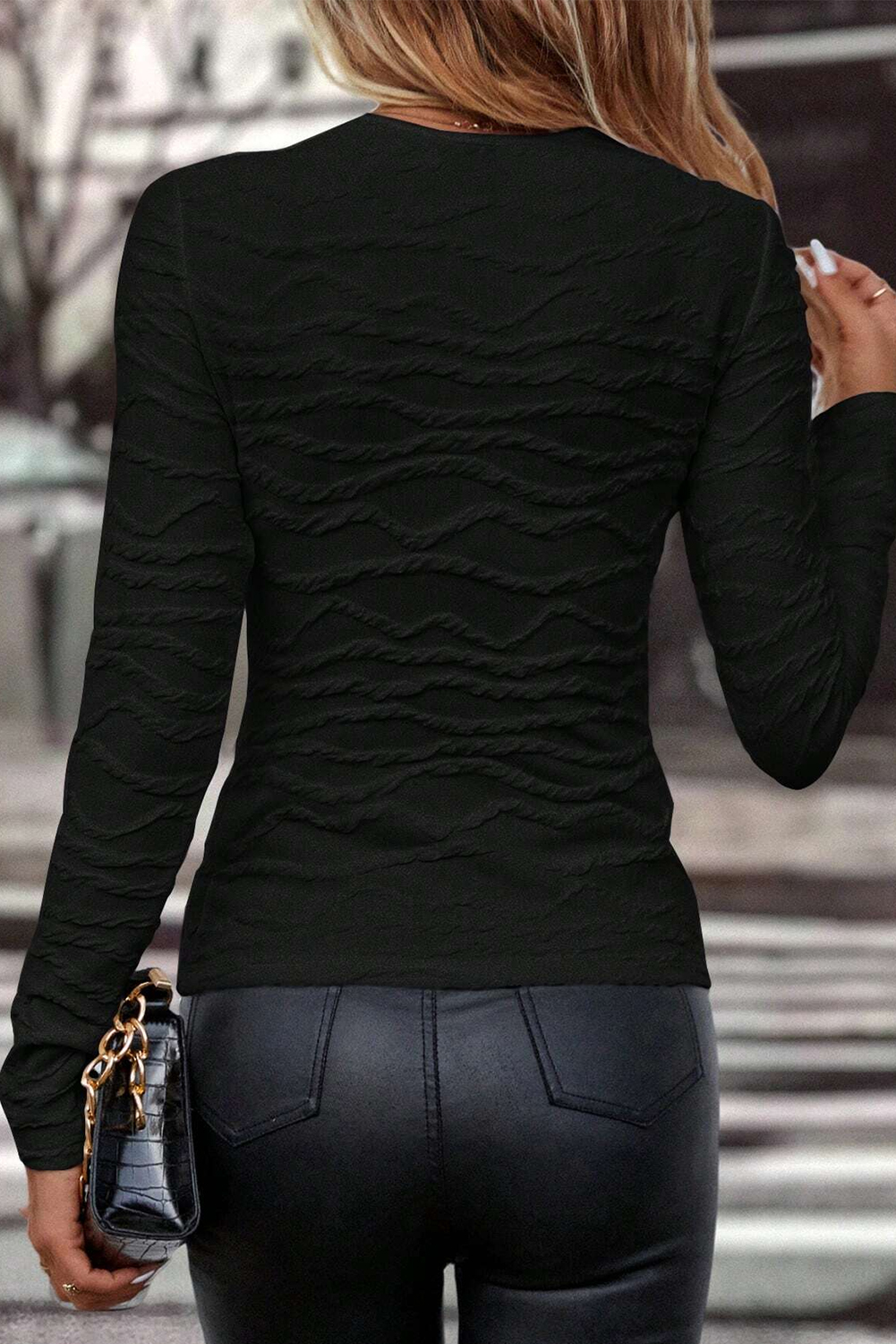 Black Solid Wavy Textured Slim Fit Long Sleeve T Shirt - Image 7