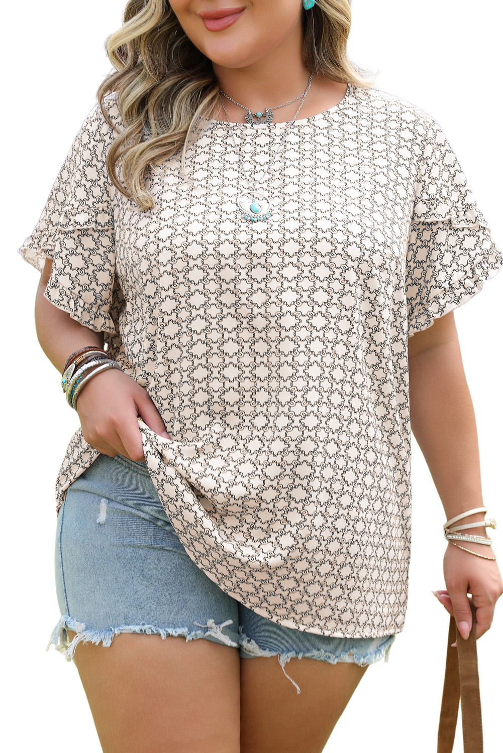 Khaki Plus Size Geometric Print Ruffled Sleeve Blouse - Image 11