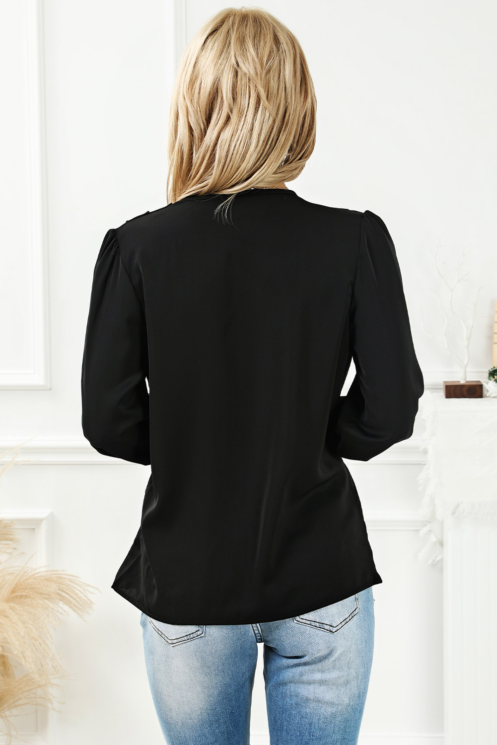 Black Solid Surplice Neck Shirred Cuffs Draped Blouse - Image 8
