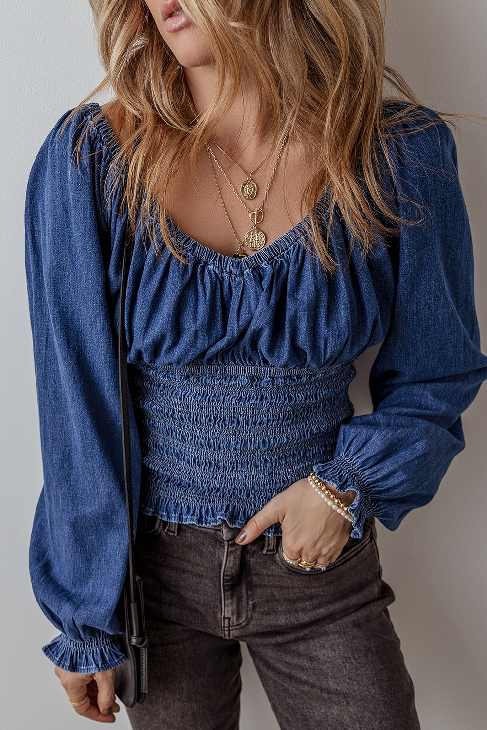 Dark Blue Smocked Ruffled Puff Sleeve V Neck Denim Blouse - Image 5
